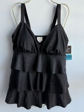 Swim Solutions Women's Black Swan Tiered-Ruffle Tankini Top Size 14